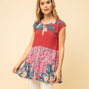 Mystree Red Turquoise Cheetah Floral Mixed Pattern Babydoll Rayon Keyhole Blouse